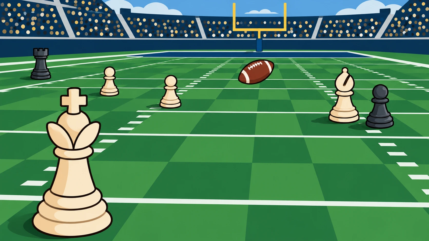 An ivory king quarterback passes toward a bishop receiver, with charcoal defenders downfield.